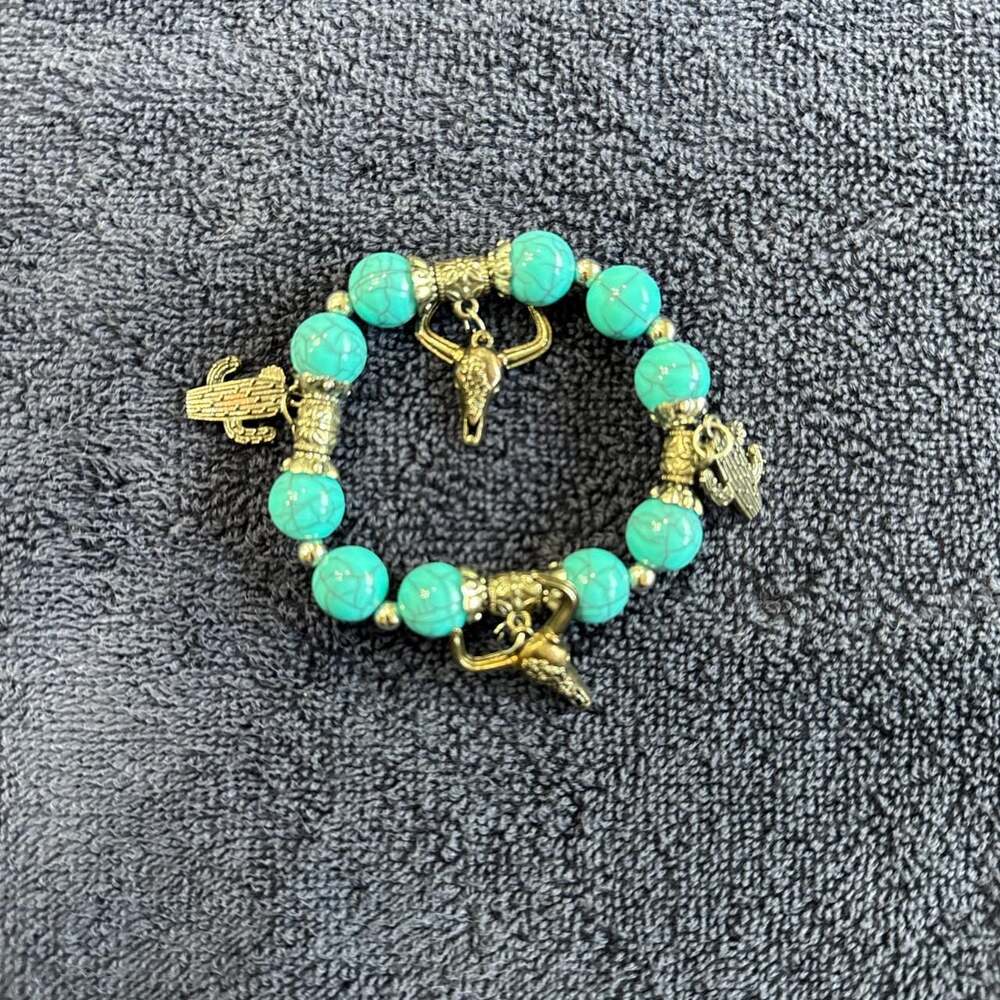 Western Turquoise Beaded Charm Bracelet, Cactus & Steer Skull Boho Style